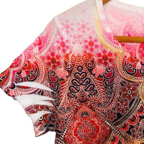 One World Casual Paisley Print Top Sz Large Boho Chic Pink Red Embellished - Picture 3 of 7
